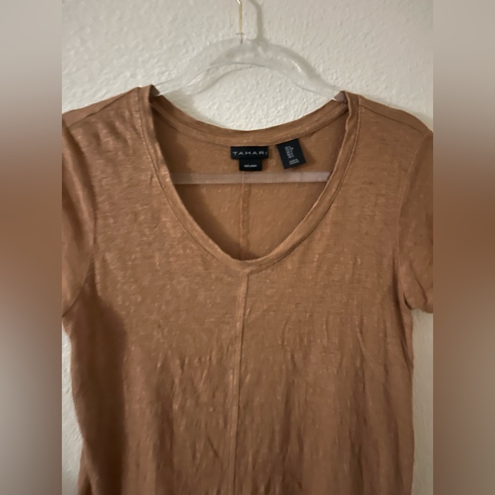 Tahari Tan V-Neck Linen T-Shirt size Small - Picture 3 of 8